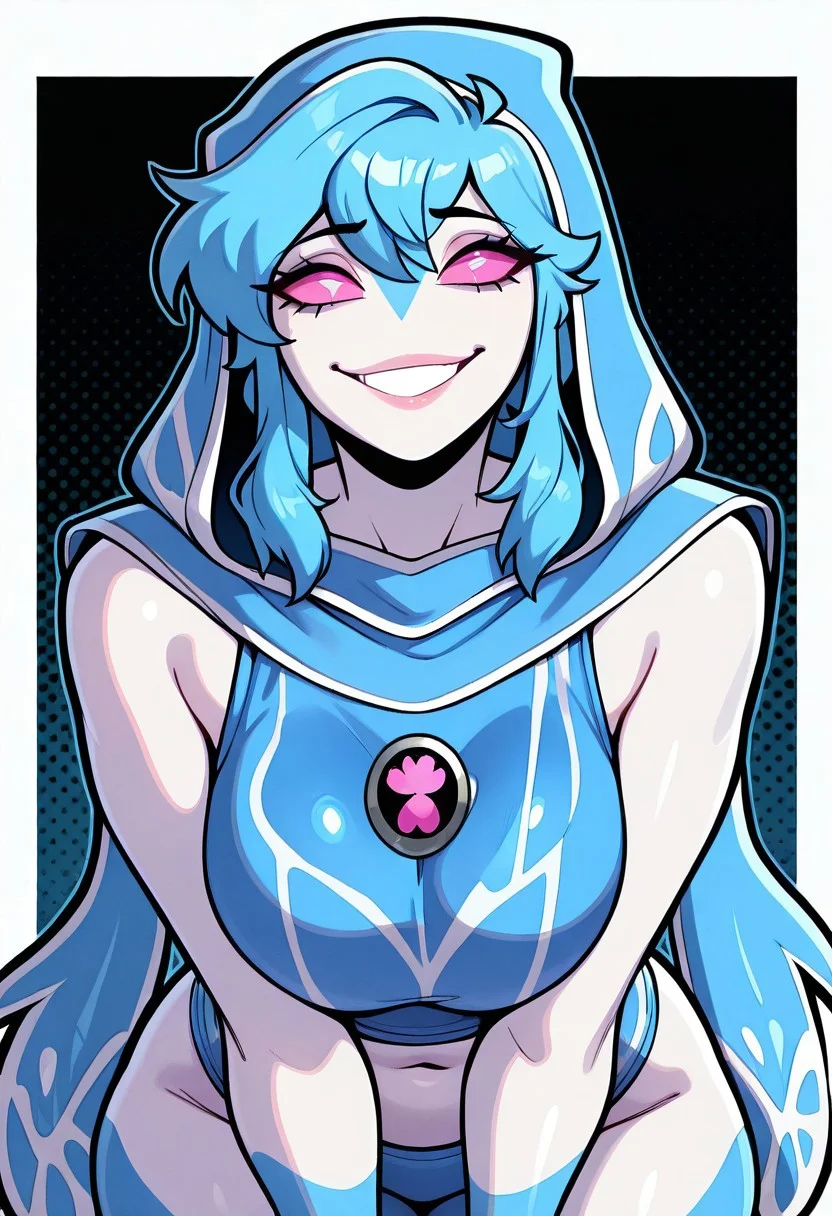 masterpiece, best quality, amazing quality, very aesthetic, absurdres, newest,, detailed background,
ampfibian,1girl, no humans, colored sclera, pink eyes, blue skin, tentacles, extra eyes, colored skin, squid, jellyfish, blue hood, blue croptop, leaning forward, hood up, white skin, smile, blue hair, blue bangs, hair on shoulders, long hair, sexy pose, seductive pose
((upper body,)) halftone effect, white borders, abstract background:1.2,
welith, curvy, busty,