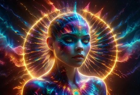 a full body fire entity girl with multicolored flames, purple and blue lights, green and blue flames, pink energy electric eyes, professional photography of an fantastical creature, young woman, shaved head Finely detailed, in a solarpunk environment, looking at viewer, solo, headwear removed, realistic, night blue sky, own hands, spooky makeup, entirely made of stars and galaxies, cyber light trails with whimsical elements, swirling magic, eerie fairytale landscape, elaborate fantasy style art, very colorful, intricate details, ultra sharp, exquisite detail, flawless composition, vivid colors, masterpiece, exciting background, psychedelicai, made out of,colorful,liquid,Murano Art Glass, GlowingInk, mad-glowtiedye, glowneon, glowing, sparks, lightning