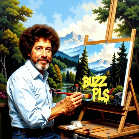 A captivating, richly textured oil painting brings to life the quaint atmosphere of Bob Ross's studio, as he works on a lush green forest landscape. In this unique fusion of two iconic styles, the painting exudes both the charm of classic impressionism and the warm, comforting feel reminiscent of "The Joy of Painting." The setting is a tranquil forest with misty trees swaying gently in the breeze and soft mountain silhouettes on the horizon. A focus on the classical lighting techniques adds an air of sophistication to the work. On his easel stands a painting-in-progress, tagged with "BUZZ PLS" in bold, messy yellow graffiti letters that contrast sharply against the serene landscape but add a playful and modern touch. The composition is highly detailed and realistic, boasting painterly depth and meticulous brushstrokes that capture every nuance of this magical scene.BobRoss, dismllfrt, aidmatextimprover, Detailed hand, Hand, Perfect hand  <lora:Bob_Ross.safetensors:1.0000000000000002> <lora:Classic-Oils_dismllfrt.safetensors:1.0000000000000002> <lora:Textimprover-FLUX-V0.4.safetensors:0.8000000000000002> <lora:Hand v2.safetensors:0.9000000000000001>
