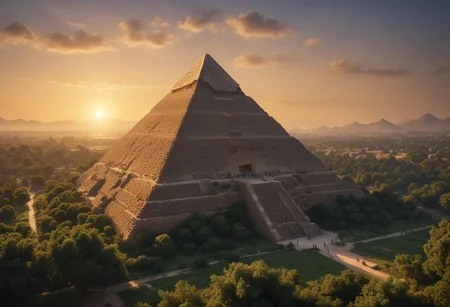 A photorealistic render of the The Great Pyramid of Giza, covered in overgrown vines, low-light, evening.