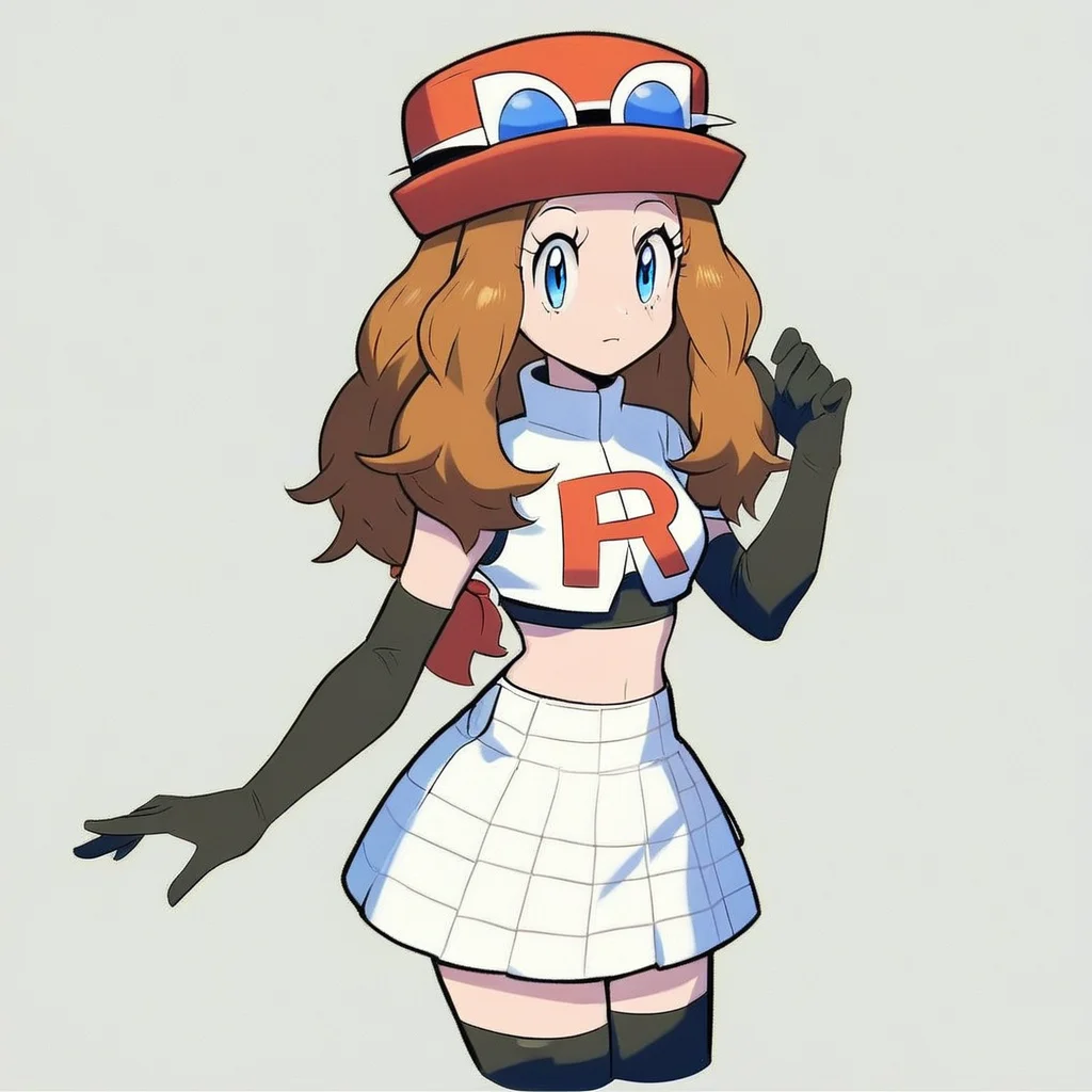 score_9, score_8_up, score_8, cute, eyelashes, (curvy), solo, detailed, eyes, serena, long hair, blue eyes, brown hair, Cosplay_TeamRocket, team rocket uniform, white jacket, cropped jacket, white skirt, elbow gloves, black thighhighs, zettai ryouiki,