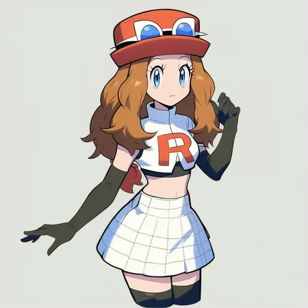 score_9, score_8_up, score_8, cute, eyelashes, (curvy), solo, detailed, eyes, serena, long hair, blue eyes, brown hair, Cosplay_TeamRocket, team rocket uniform, white jacket, cropped jacket, white skirt, elbow gloves, black thighhighs, zettai ryouiki,
