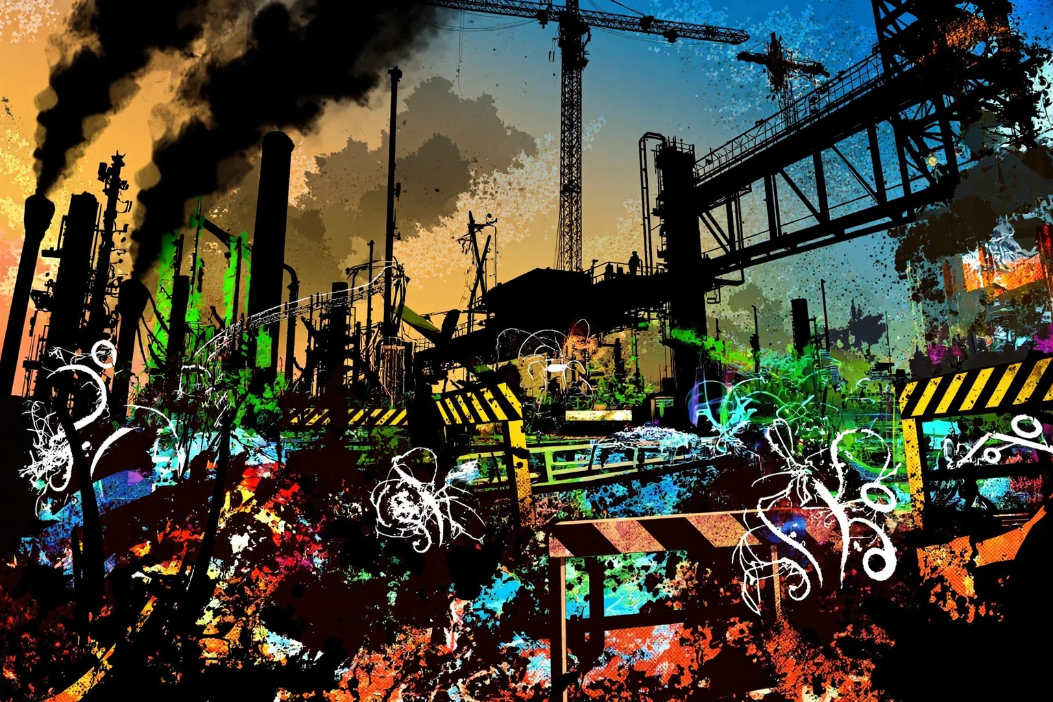 industrial factory landscape with looming smokestacks, massive steel girders, and mechanical cranes silhouetted against a twilight sky, foreground dominated by gears, wires, and hazard-striped barriers, pipes twisting in every direction, oil splatters and rust textures coating surfaces, surrounded by grunge overlays, abstract spirals, jagged arrows, halftone dot patterns, glowing rings, and shattered glass motifs, color palette of dark graphite, burnt orange, electric blue, and acid green, layered metallic textures interwoven with dynamic flowing lines and barcode-like elements, background features silhouetted workers and machinery framed by swirling smog and neon-lit control panels, sharp lighting contrasts between shadowed machinery and glowing industrial signs, composition flows with a strong horizontal emphasis and rhythmic repetition of mechanical shapes, evoking a gritty, dystopian Y2K vector art aesthetic with chaotic, high-energy industrial vibes.