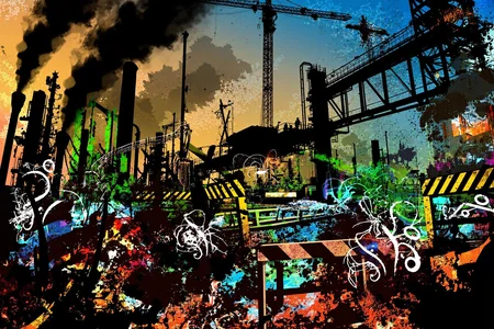 industrial factory landscape with looming smokestacks, massive steel girders, and mechanical cranes silhouetted against a twilight sky, foreground dominated by gears, wires, and hazard-striped barriers, pipes twisting in every direction, oil splatters and rust textures coating surfaces, surrounded by grunge overlays, abstract spirals, jagged arrows, halftone dot patterns, glowing rings, and shattered glass motifs, color palette of dark graphite, burnt orange, electric blue, and acid green, layered metallic textures interwoven with dynamic flowing lines and barcode-like elements, background features silhouetted workers and machinery framed by swirling smog and neon-lit control panels, sharp lighting contrasts between shadowed machinery and glowing industrial signs, composition flows with a strong horizontal emphasis and rhythmic repetition of mechanical shapes, evoking a gritty, dystopian Y2K vector art aesthetic with chaotic, high-energy industrial vibes.