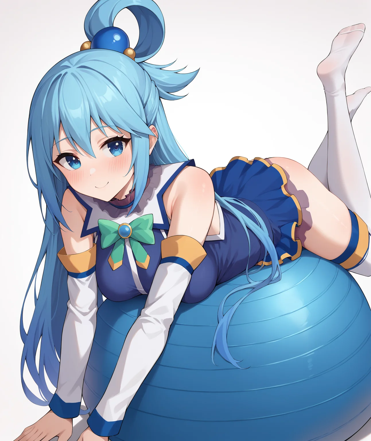 score_9, score_8_up, score_7_up, score_6_up, score_5_up, score_4_up, BREAK, source_anime, best quality, masterpiece, 2d, intricate details, official style, anime, 4k, anime style,
exball, 1girl, solo, looking at viewer, ball, exercise ball, gym ball, lying, on stomach,
blue eyes, blue hair, hair ornament, hair rings, single hair ring, long hair, very long hair, breasts, blush, medium breasts, aqua (konosuba), kono subarashii sekai ni shukufuku wo!, 
skirt, thighhighs, bow, bare shoulders, detached sleeves, white sleeves, white thighhighs, zettai ryouiki, <lora:Aqua_XL:1>
looking at viewer, white background, simple background, gradient background, <lora:add_details_xl:0.4>, <lora:Exball_Pony:1>,