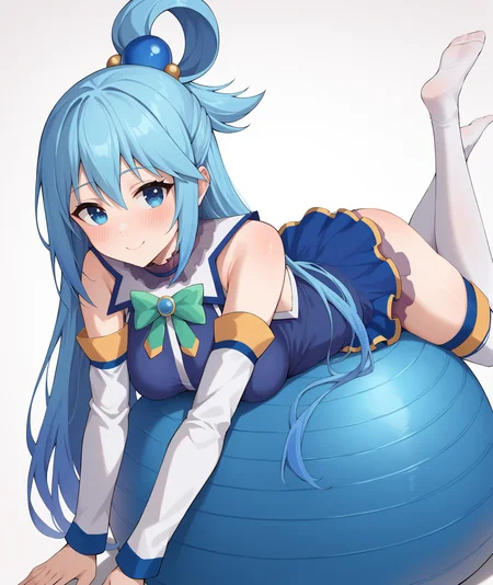 score_9, score_8_up, score_7_up, score_6_up, score_5_up, score_4_up, BREAK, source_anime, best quality, masterpiece, 2d, intricate details, official style, anime, 4k, anime style,
exball, 1girl, solo, looking at viewer, ball, exercise ball, gym ball, lying, on stomach,
blue eyes, blue hair, hair ornament, hair rings, single hair ring, long hair, very long hair, breasts, blush, medium breasts, aqua (konosuba), kono subarashii sekai ni shukufuku wo!, 
skirt, thighhighs, bow, bare shoulders, detached sleeves, white sleeves, white thighhighs, zettai ryouiki, <lora:Aqua_XL:1>
looking at viewer, white background, simple background, gradient background, <lora:add_details_xl:0.4>, <lora:Exball_Pony:1>,