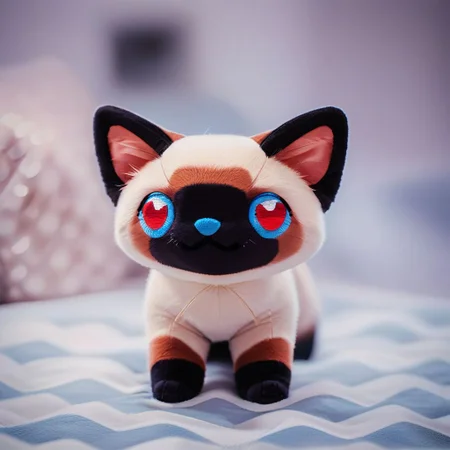score_9, score_8_up, score_7_up, pikaole, no humans, animal focus, (Siamese cat:1.05), fur, full body, solo, blurry background, (plush doll:0.8), cute, rating_safe, source_furry, pikaole, source_photorealistic