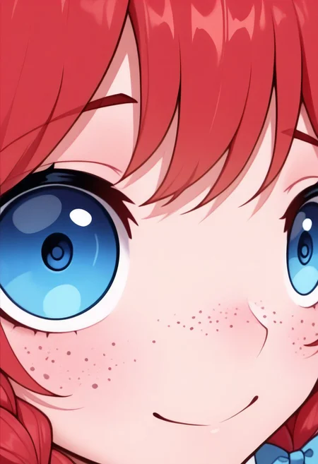 masterpiece, best quality, amazing quality, intricate detail, highly detailed, absurdres, w3ndys, freckles, long hair, red hair, low twin braids, hair bow, blue bow, blue eyes, eye focus, close-up, smile, closed mouth, portrait,