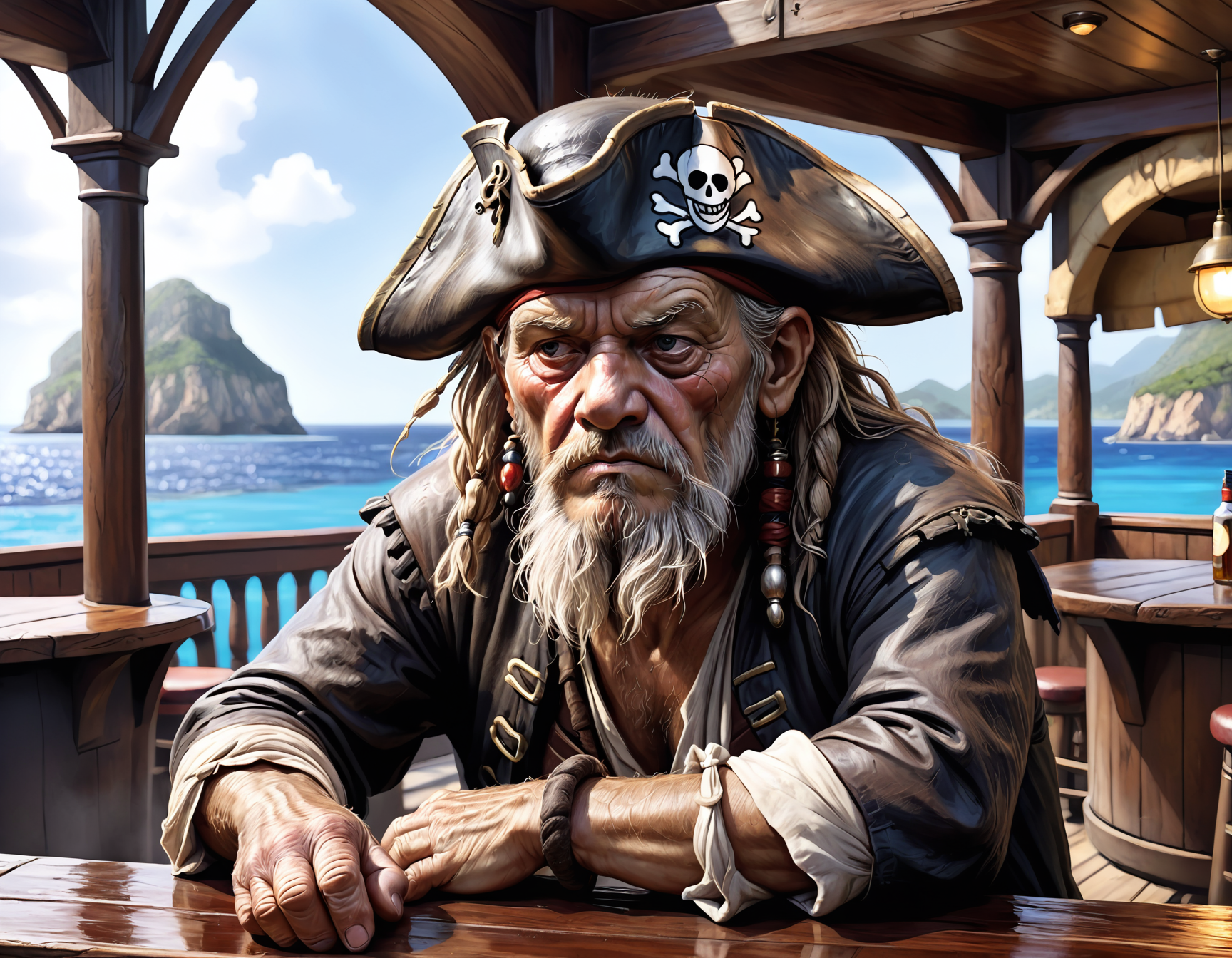 Closeup oil picture drawing of a sad old pirate alone in a bar in Tortuga bay