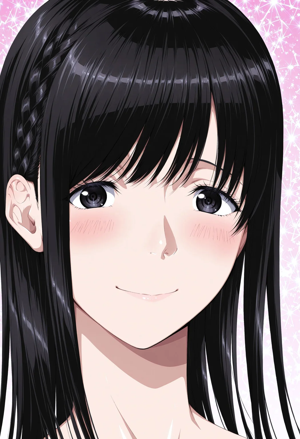ultra-detailed,detailed face, score_9, score_8_up, score_7_up, source_anime,(extremely detailed CG), (best quality),
1girl, solo, black hair, long hair, braid, smile, pink background, portrait, closed mouth, bangs, black eyes, looking at viewer, blush, shiny hair, shiny, mai,nude,