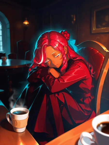 nagasawa tougo, lazypos, <lora:CRORasbXL:1> CRO_Rasb, 1girl, streaked hair, hair bun, long hair, hair ornament, white eyelashes, medieval, <lora:cfg_scale_boost:0.5> volumetric lighting, dark skin, solo, casual, indoors, coffee, cup, half-closed eyes, sitting, chair, table, arms on knees, head on knees,