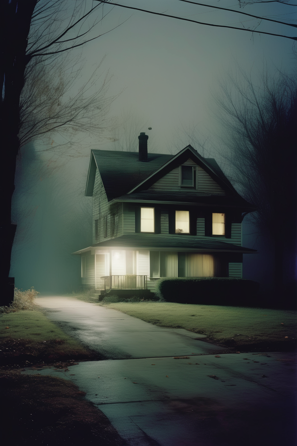 <lora:Todd Hido Style:1>Todd Hido Style - Todd Hido style photographs of eerie homes at night, shot from side-on, perfectly parallel to the house