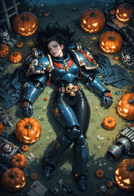 (score_9, score_8_up), score_7_up, <lora:PonyNightL40K_r1:0.8> NightL40K, 1girl, wearing power armor, black hair, laying in the woods, on grass, from above, night, moonlight, pumpkins, Halloween theme