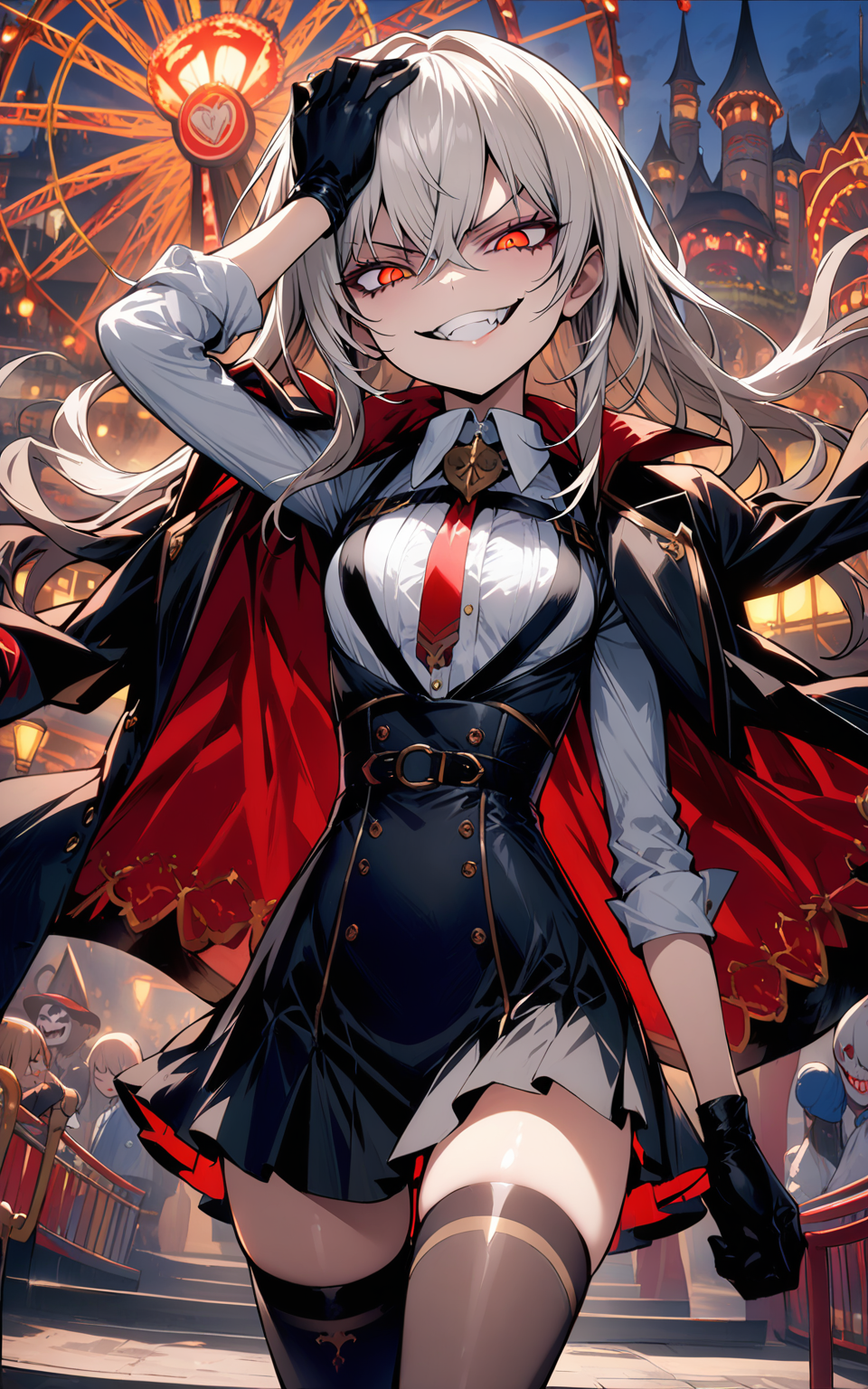 masterpiece, best quality, 1girl, solo, vita_\(bambina\), small breasts, black dress, jacket on shoulders, black gloves, thighhighs, pedlock, evil smile, grin, cowboy shot, one hand on own head, looking at viewer, amusement park, <lora:vita_ver1:0.6>