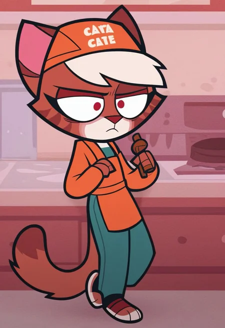 Score_9, score_8_up, score_7_up, solo, thick outline, black outline, Chanel, 1girl, furry, furry female, body fur, white fur, animal ears, tail, red eyes, animal nose, white hair, short hair, multicolored fur, orange fur, brown fur, apron, pants, toeless legwear, long sleeves, ears through headwear, tired,