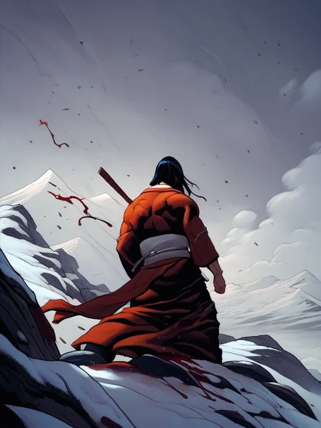 score_9, score_8_up, score_7_up, samurai, temple, snow, blood around, faceless male, kimono, epic shot, dynamic angle, mountains, rocks, mistery, cowboy shot,
<lora:FrankCho_style:1>, FrankchoStyle,