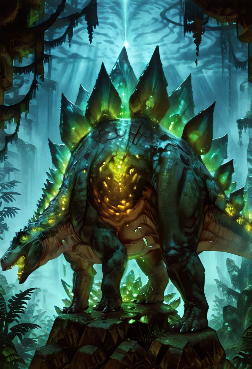 masterpiece, best quality, solo, no humans,     zzStego, close up, side view, outdoors,   ,<lora:StegosaurusDinosaur_IXL:1.0>,  <lora:CrystalKingDino_IXL:0.6> zzCrystalKing, green crystal body, jagged crystal plates, glowing core, reptilian eyes, dense jungle, glowing moss, thunderstorm, roaring pose, low angle, bioluminescent lighting, primal atmosphere