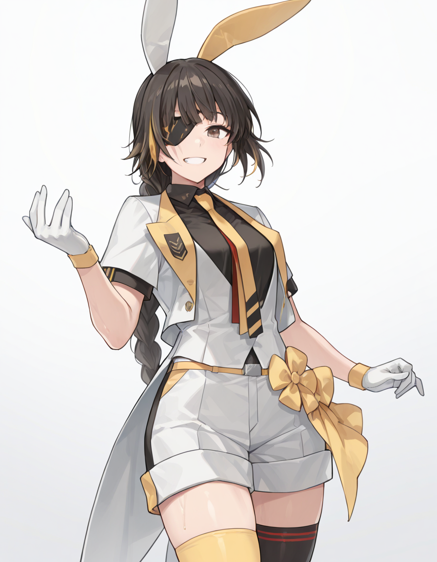 Volumetric Lighting, (masterpiece), (best quality), (ultra-detailed), masterpiece, source_anime, score_9, score_8_up, score_7_up BREAK, illustration, disheveled hair, detailed eyes, perfect composition, moist skin, intricate details, detailed eyes, detailed face, detailed fingers BREAK, brown eyes, long braid, single braid, black hair, blonde hair, streaked hair,scar across eye BREAK, OneEyedRabbitKnight,ORK_black_shirt, ORK_white_shirt,open vest open shirt, ORK_bow, ORK_belt, ORK_vest, ORK_necktie, ORK_gloves, def_eyepatch, def_shorts, ORK_fake_rabbit_ears, mismatched legwear, ORK_thighhighs BREAK, (((simple background, white background))), standing, looking at viewer,upper body,smile, grin,hand up, ,shadow