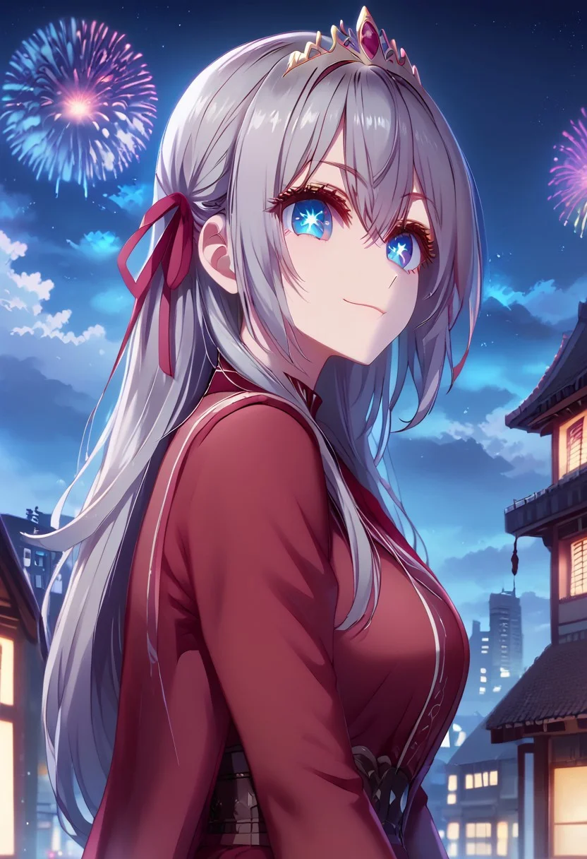 score_9, score_8_up, score_7_up,source_anime, jvdaniang, planet size, 1girl, alyav4, long hair, grey hair, blue eyes, ribbon, hair ribbon, hair between eyes, symbol-shaped pupils, eyelashes, tiara, g0dd3ss, dress, lace high heels, large breasts, night scene, sitting down, bent knees, crossed legs, sitting on table(building), surrounded by buildings, entire body shot, facial expression, kind, smile, head tilt, soft eyes, dreamlike atmosphere, fireworks, glowing edges, mystical, high contrast, ethereal light, side view, gl0w, glow, Extreme Size Difference, gradient eyes, beautiful detailed eyes, high gradient eyes, detailed eyes, high definition eyes,