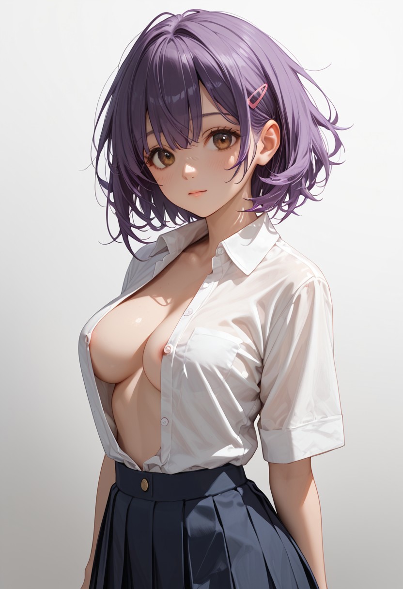 score_9, score_8_up, score_7_up, score_6_up, score_9, score_8_up, suzu, 1girl, purple hair, brown eyes, bangs, medium breasts, hairclip, looking at viewer, standing, school uniform, unbuttoned shirt, short hair, gradient, gradient background, solo.