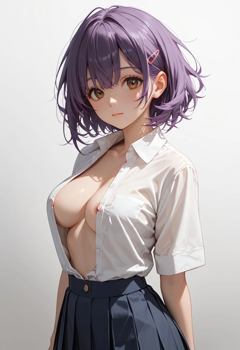 score_9, score_8_up, score_7_up, score_6_up, score_9, score_8_up, suzu, 1girl, purple hair, brown eyes, bangs, medium breasts, hairclip, looking at viewer, standing, school uniform, unbuttoned shirt, short hair, gradient, gradient background, solo.