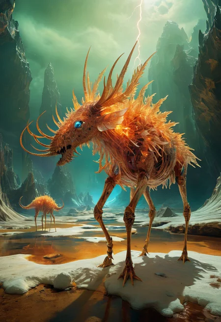 white desert oasis, salty earth, hyper detailed,  rusty, striking, animalistic, bite-sized, by Floris van Schooten  and by richard avedon, famous artwork inspired by (beeple:1.3) and (cliff nielsen:1.4), crystalline, fractal art, fantasy style, this peculiar life form, the "inquisitive plerkblortz" hides in the gnarling dense crystal jungles of the puffalorpled exoplanet "gazorpazorp secundus", covered in a metallic exoskeleton it ambushes its prey with (long crystalline appendages:1.4), dark, shadows, black, shadow hues, highly artistic, highly painterly, harmonic colors, expressive, ultimate aesthetic level, visible brushstrokes, masterclass artistry, vibrant energy, apocalyptic mood, atmospheric haze and dense fog, strong winds,  highly aesthetic, otherworldly, limited palette,  faded colors, washed out colors, extremely dark, extremely low key lighting, dark shadows, perfect composition, full panoramic shot translucent, transparent, glowneon, glowing, sparks, lightning