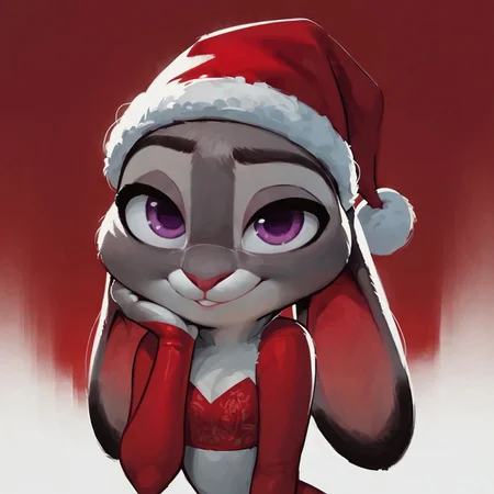 safe_pos, (score_9, score_8_up, score_7_up), 1girl, 20 year old, Judy Hopps, cartoon, rabbit ears, furry, skinny, thin waist, rabbit, solo, purple eyes, countershading wide hips, high contrast, diffused light, detailed, short, looking at viewer, purple eyes, red background, volumetric lighting, vivid colours, portrait shot, face focus, santa hat, red bra, red elbow gloves,