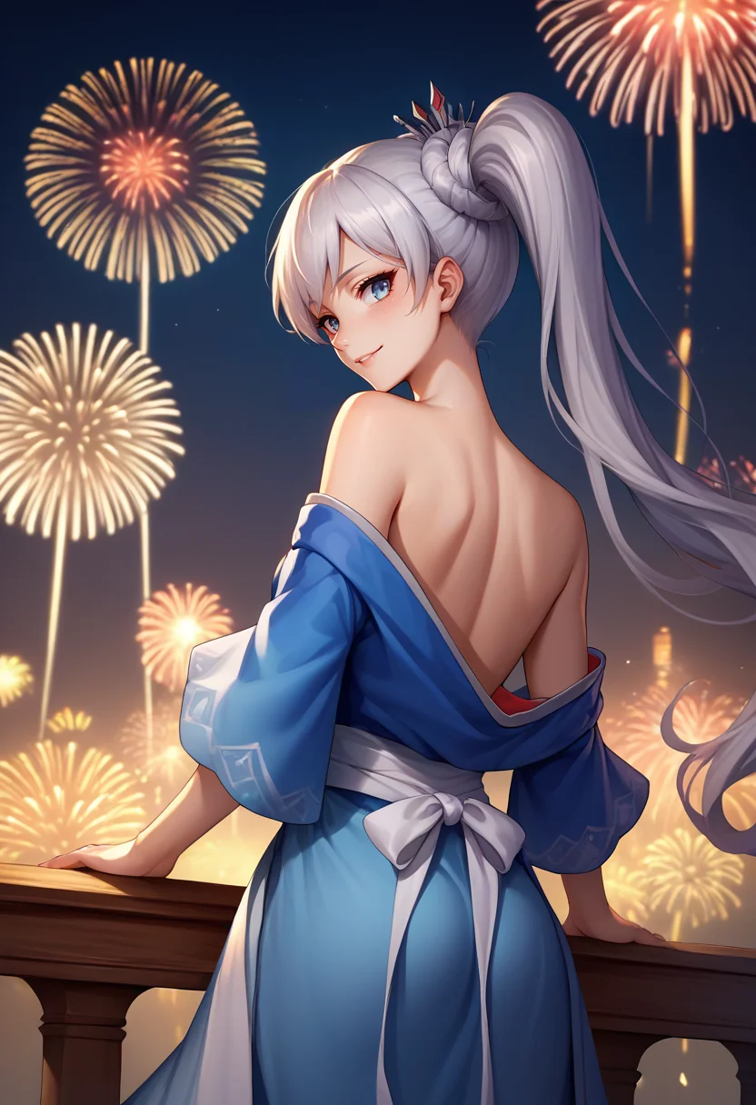 score_9, score_8_up, score_7_up, source_anime, from behind, solo, 1girl, weissmistral, scar across eye, smile, looking back, side ponytail, hair ornament, tiara, blue kimono, off shoulder, bare shoulders, fireworks <lora:rwby_weissschnee_ponyXL:1>