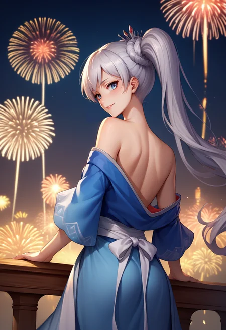 score_9, score_8_up, score_7_up, source_anime, from behind, solo, 1girl, weissmistral, scar across eye, smile, looking back, side ponytail, hair ornament, tiara, blue kimono, off shoulder, bare shoulders, fireworks <lora:rwby_weissschnee_ponyXL:1>