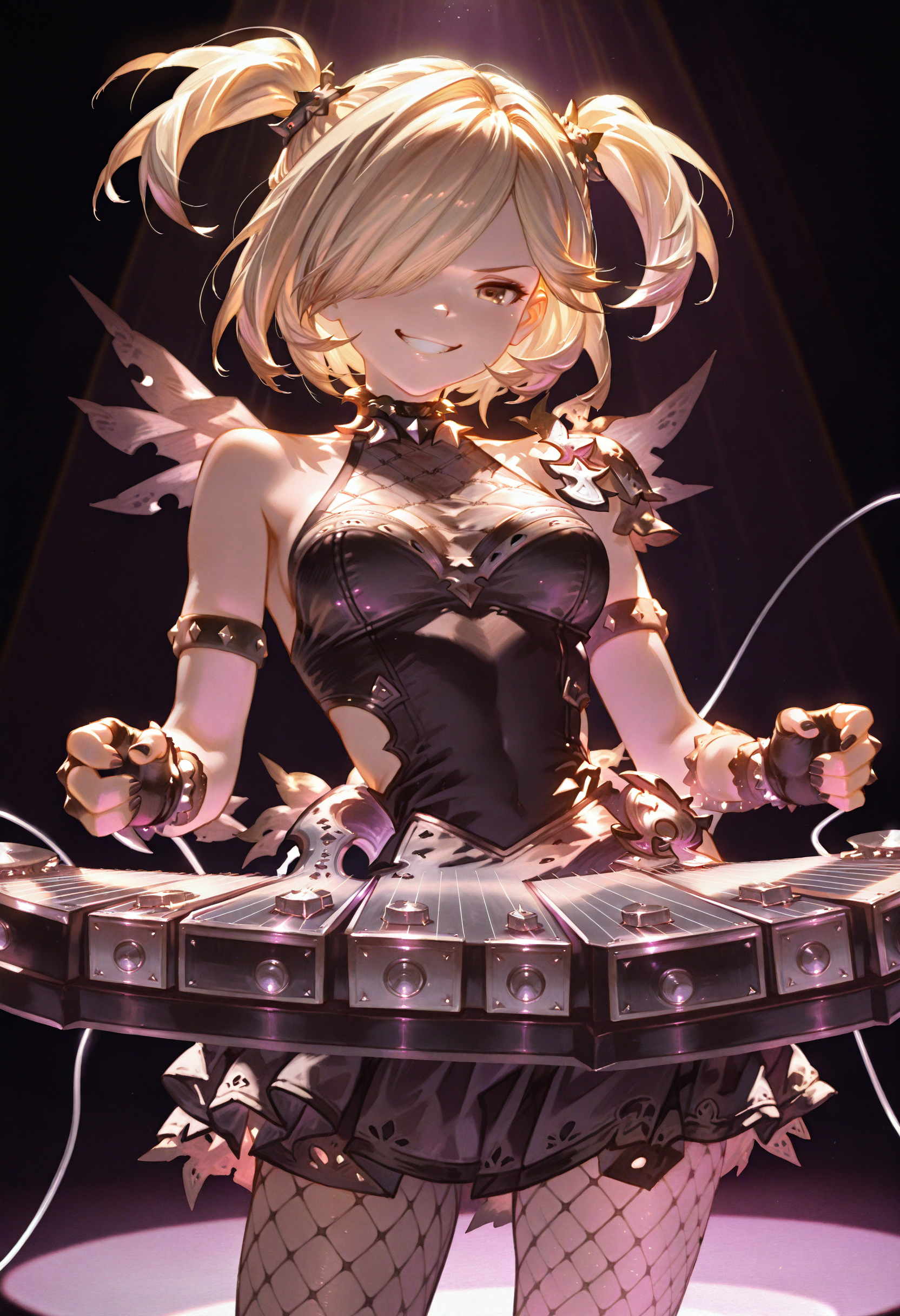 masterpiece, best quality, amazing quality, very aesthetic, high resolution, absurdres, anime,
photo background, photography \(artwork\), photo \(medium\), detailed, detailed background, detailed clothing, detailed hair, detailed eyes, wrinkles, skin folds, intricate, volumetric lighting, dramatic lighting, backlighting, very awa, very aesthetic, dynamic,
dark background, on stage, spotlight, 
1girl, solo, smile, grin, 
djeeta \(granblue fantasy\), djeeta \(rising force\), 
blonde hair, twintails, hair over one eye, 
playing instrument, double-neck guiter, electric guiter, 
black dress, black skirt, black fishnet pantyhose, 
fingerless gloves, black nail polish, 
<lora:TrendCraft_The_Peoples_Style_Detailer-v2.3I-4_16_2025-Illustrious:0.5> 
 <lora:Djeeta_Rising_Force_Granblue_Fantasy:0.8>