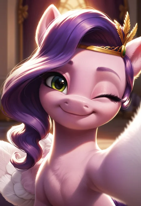 score_9, score_8_up, score_7_up, score_6_up, score_5_up, score_4_up, my little pony, ((feral pony)), Pipp Petals, 1girl, ((solo)), (sexy), beautiful, detailed, (detailed cute pony face), detailed eyes, detailed fur, detailed hooves, beautiful, vector, flat colors, (beautiful long eyelashes), (beautiful hooves), (looking at you, looking at viewer:1.5), smiling, happy, closed mouth, one eye closed, selfie, ((close-up)), high angle
