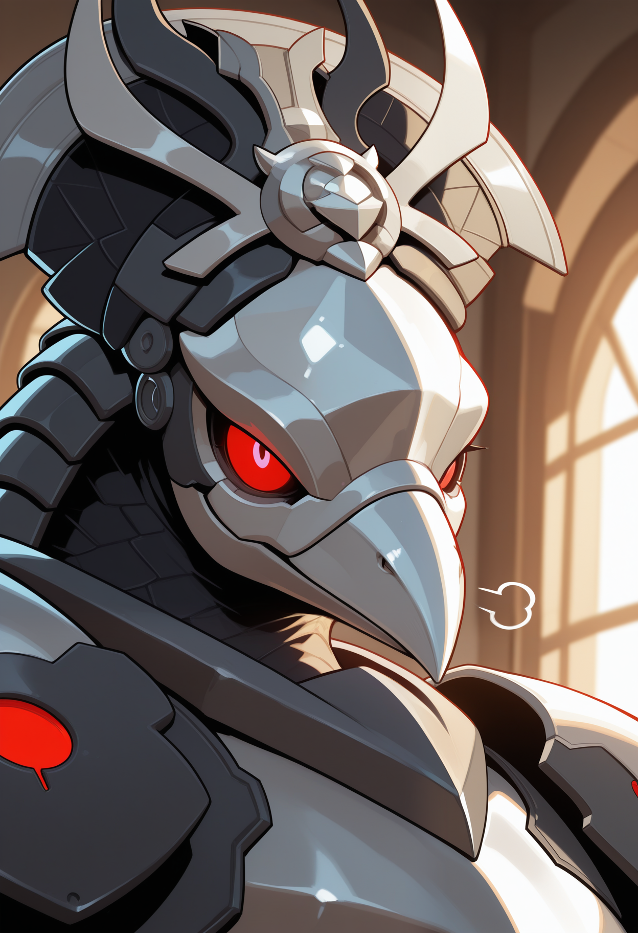 masterpiece,best quality,amazing quality, 1boy, solo, r4v3n, bird boy, armor, helmet, close up, side angle, smug_expression, 