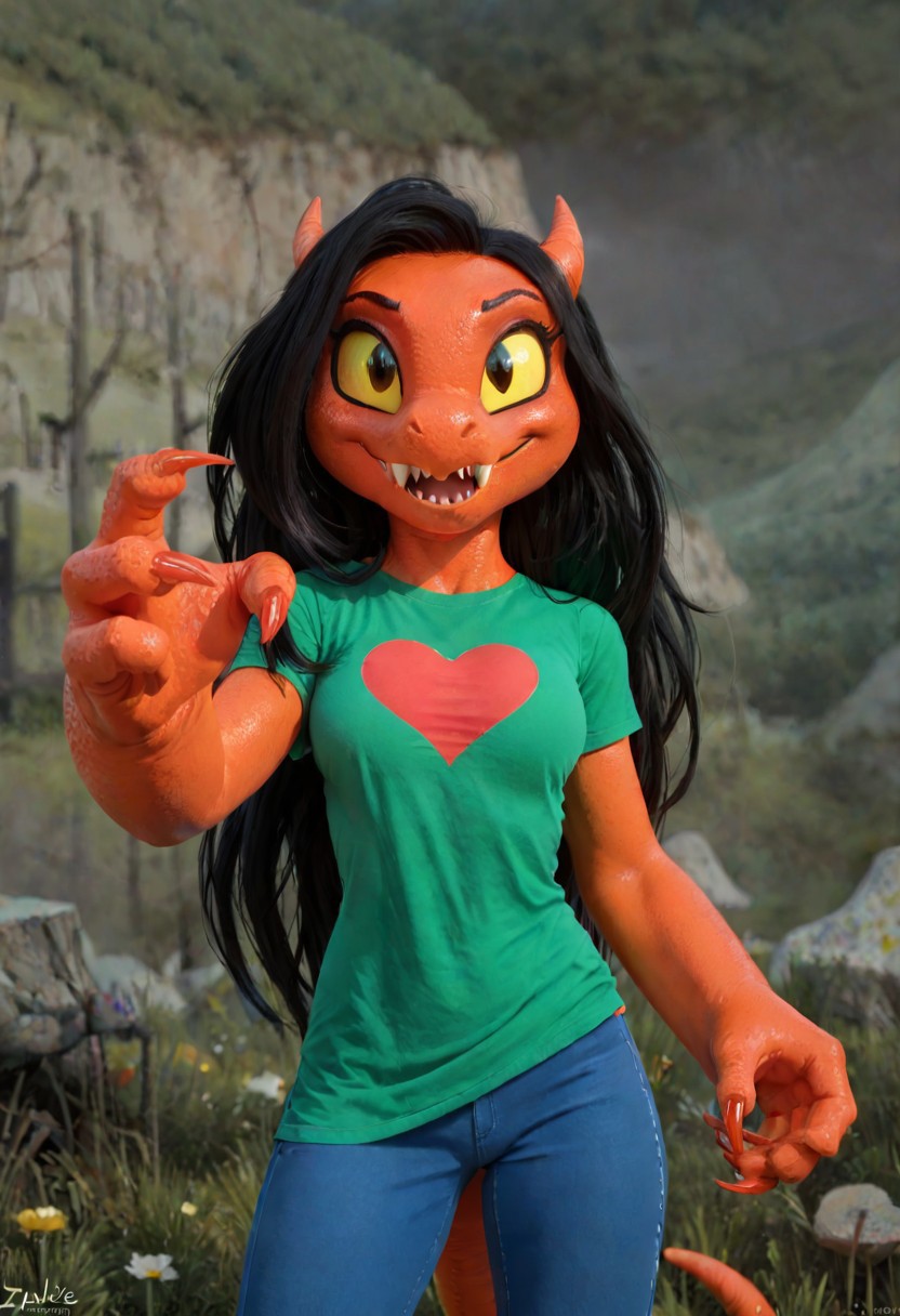 score_9, score_8_up, score_7_up, toony, zazie, 1girl, anthro female, demon girl, orange skin, black hair, long hair, horns, yellow sclera, medium breasts, big claws, medium height, green shirt, heart symbol, blue pants, mountain wall, happy, looking at viewer, wind on hair, action pose