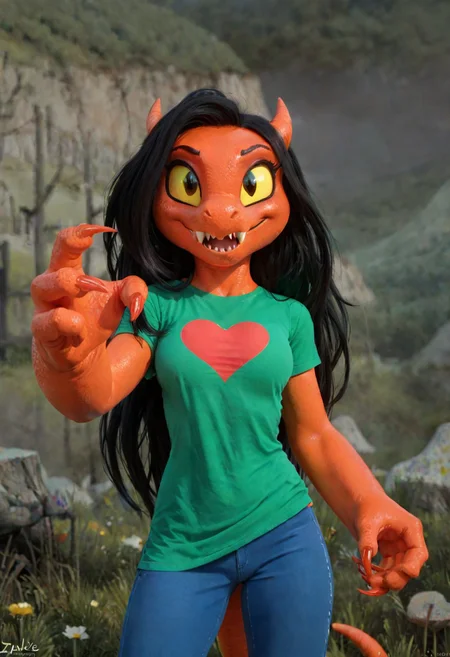 score_9, score_8_up, score_7_up, toony, zazie, 1girl, anthro female, demon girl, orange skin, black hair, long hair, horns, yellow sclera, medium breasts, big claws, medium height, green shirt, heart symbol, blue pants, mountain wall, happy, looking at viewer, wind on hair, action pose
