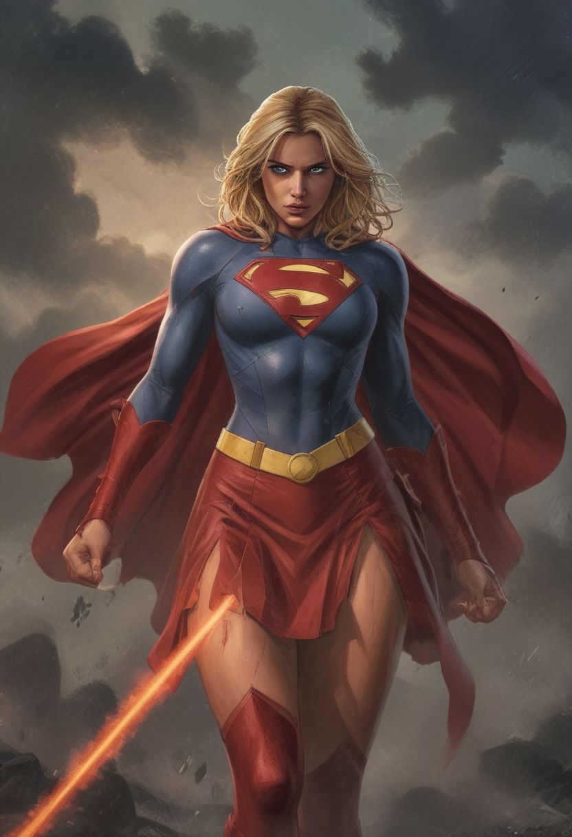 High resolution ultra-realistic of Beautiful Supergirl fighting against alien invasion, attractive body, cinematic style, capturing the intensity of the moment, dc comics, dramatic lighting, standing on a bloody and stormy battlefield in a fighting pose, fire, realistic combat costume, red mini skirt, perfect athletic figure, handsome dirty bloody face, wavy blonde hair, superheroine charming, beautiful perfect detailed pupils, wet oily shiny skin, beautiful firm Breasts, defiant and seductive, sexy 20 year old girl, 8k resolution concept art portrait by Greg Rutkowski