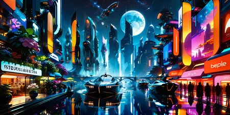 famous artwork by (stephan martiniere:1.3) and (syd mead:1.3) and (beeple:1.3) BREAK a stunning futuristic utopian cityscape (at night:1.4) with all four elements represented and in balance, iluminated buildings, chiaroscuro, ultra detailed BREAK (night sky:1.4), galactic nebula, dark sky, moon, dramatic clouds BREAK (at night, city lights:1.4), the earth aspect is represented by futursitic vertical farms and skyscrapers with (wondrous hanging gardens:1.2), (planted facades:1.1), balconies with exotic flowers, cozy restaurant, lakeside BREAK (at night, city lights:1.4), the water aspect is represented by a serene lake surrounded by willow trees and sleek, architecture with flowing shapes, water lilies, aquatic plants, idyllic, a futuristic cyan glowing bridge connects the banks, glass bottom boat BREAK (at night, city lights:1.4), the fire aspect is represented by huge glowing neon signs in fiery colors, holographic advertisments and towering skyscrapers (shaped like flickering flames:1.1), lively, bustling commerce district, lakeside, crimson red, orange, yellow, black, pink, purple BREAK (at night, city lights:1.4), the air district with (thin, tall and ethereal:1.4) skyscrapers, (connected by elegant skywalks:1.2), it has shimmering (elegant floating structures that seem to defy gravity:1.1), flying vehicles, (floating platforms:1.2), glass, white, cyan, transparency <lora:midjourney_mimic-xl-by_andrexsel:0.5> <lora:more_artful-xl:0.5> <lora:extremely_detailed-detail_slider-v2-xl-by_ntc:1.0> <lora:dark_atmospheric_contrast-xl-by_zavy:1.0> <lora:envybetterhiresfixxl01-xl:0.0:hr=1.0>