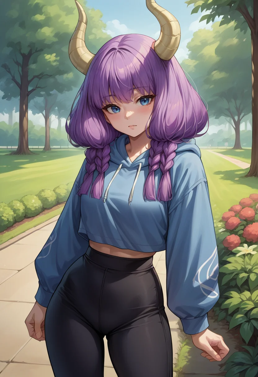 score_9, score_8_up, source_anime, 1girl, solo, AuraFrieren, purple hair, blue eyes, horns, long hair, twin braids, outdoors, park, blue hoodie, high-waist pants, yoga pants, black pants, light blush, <lora:ChamAuraPonyXL:1>