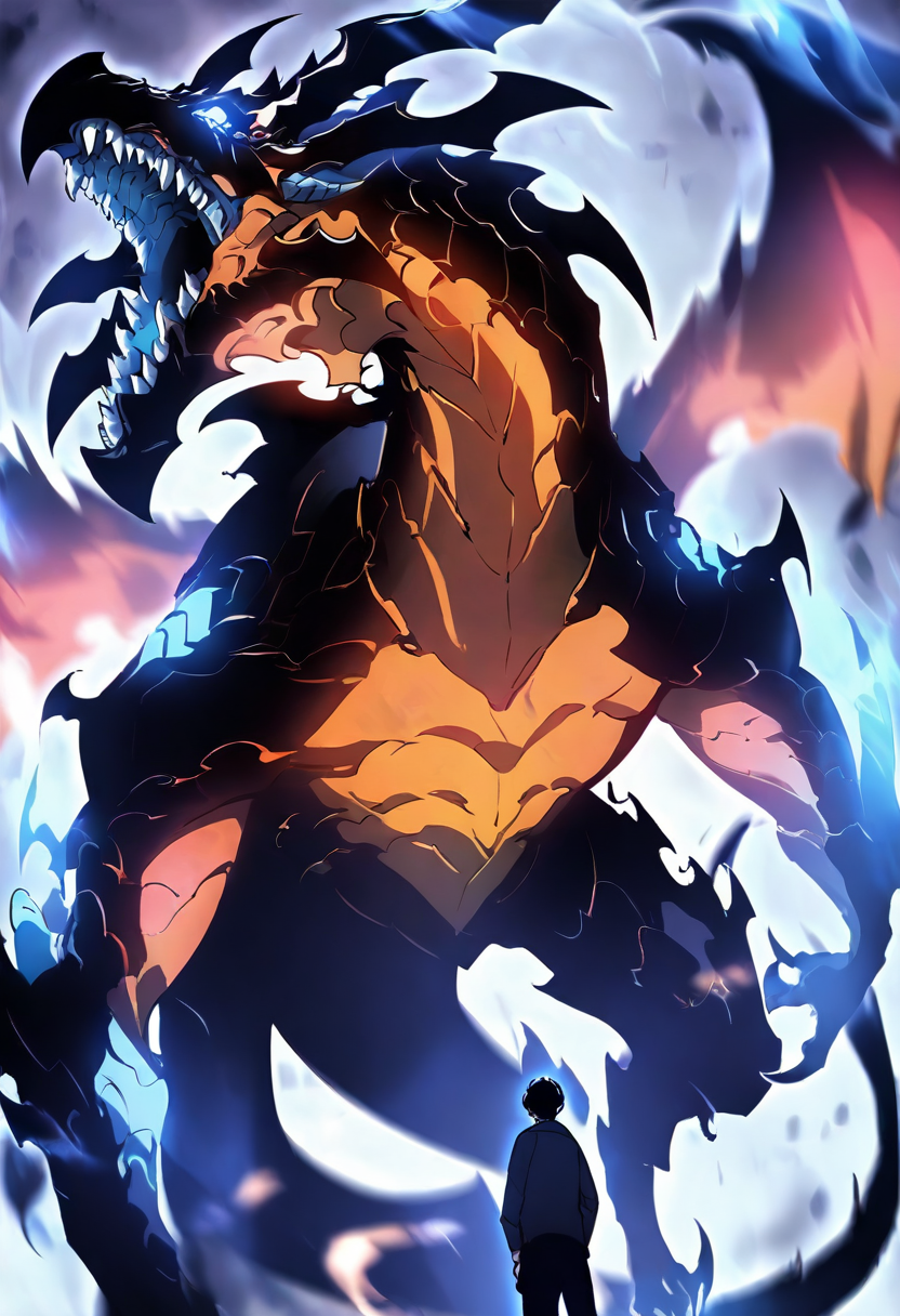 8K, depth of field, focused subject, best quality, <lora:solo_leveling_by_readandsign_fin-000014:1>, 
rf64u, open mouth, black hair, 1boy, standing, tail, teeth, glowing, sharp teeth, glowing eyes, claws, monster, dragon, size difference, giant, ghost dragon