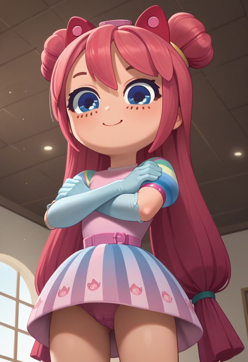 score_9, score_8_up, score_7_up, source_cartoon, style_cartoon, 2d, thin lines, easynegative, no humans, 1 character, 1 girl, solo, female, Pinky, doll, light skin, pink hair, blue eyes, eyelashes, dress, colourful dress, blue gloves, long gloves, upskirt, pink panties, headband with cat ears, looking down at viewer, smiles, smiling, lidded eyes, closed mouth, cute face, perfect face, crossed arms, front view, bottom view, angle, close-up, standing, straight standing, straight posture, posing, sexy pose, high quality, high resolution, detailed, best quality, photorealism, indoors, room, detailed background, perfect shot