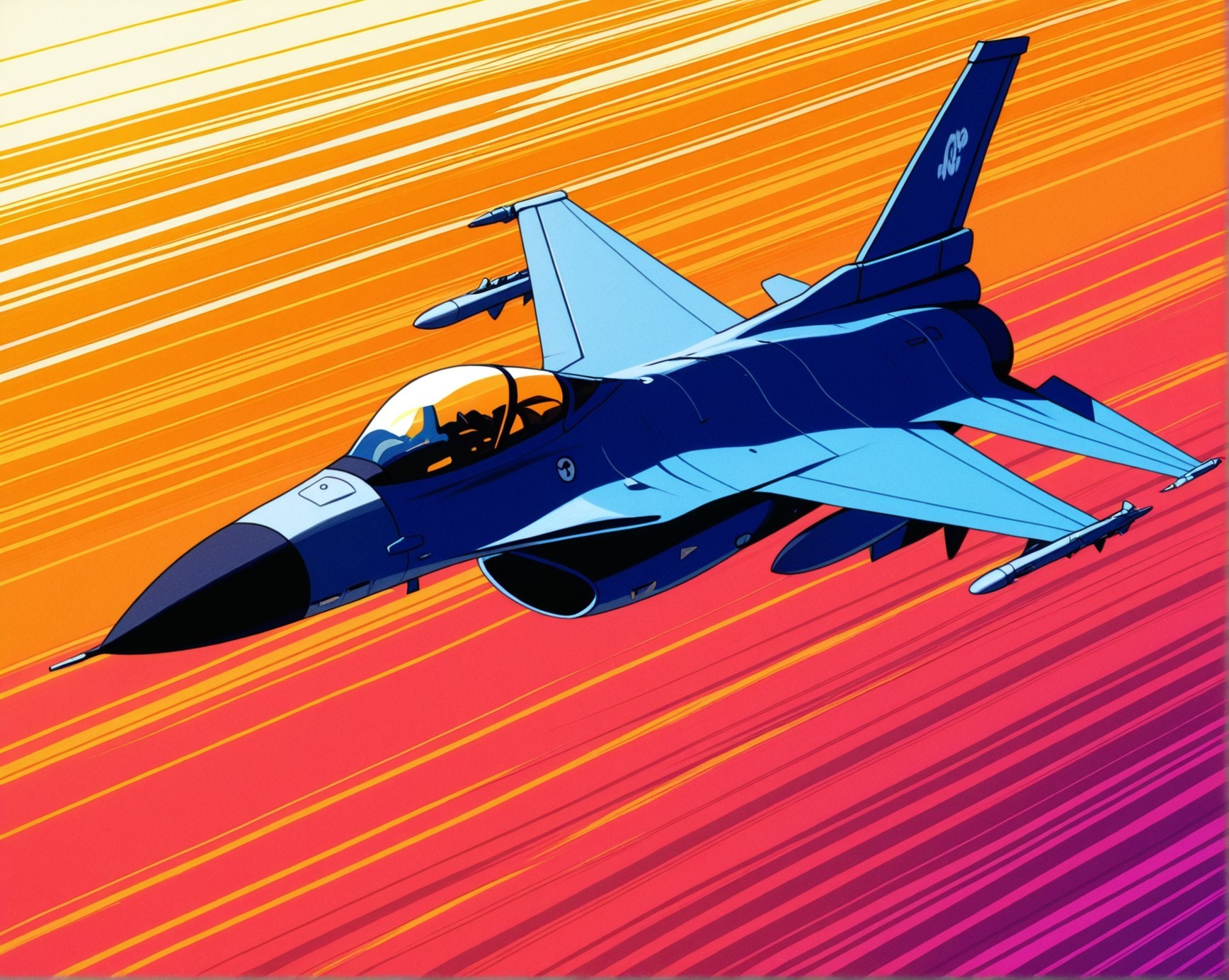 <lora:F-16_Illustrious:1>,f-16, anime style, 1980s aesthetic, cel shading, fighter jet with dramatic angle, pilot visible, retro color palette, vapor trails, manga speed lines, sunset backdrop, masterpiece, best quality, amazing quality