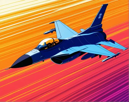 <lora:F-16_Illustrious:1>,f-16, anime style, 1980s aesthetic, cel shading, fighter jet with dramatic angle, pilot visible, retro color palette, vapor trails, manga speed lines, sunset backdrop, masterpiece, best quality, amazing quality
