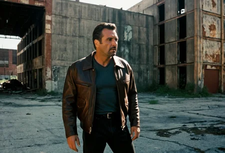 cinematic still photography, Vinnie Morano, late 40s, grizzled features, worn leather jacket, standing in the shadows of the abandoned warehouse, industrial area, gritty atmosphere, worn concrete, rusted metal, broken windows, urban decay, cinematic framing, high-angle shot, wide lens, cinematography inspired by Dante Spinotti, direction inspired by Michael Mann, 1990s crime thriller vibe. Hollywood action movie film style,  <lora:Hollywood action movie film style:0.85>