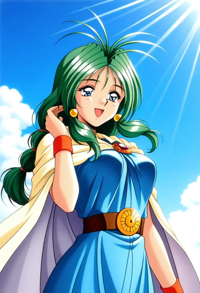 masterpiece, best quality, amazing quality, very aesthetic, high resolution, 1girl, cowboy shot, anime-style, digital art, high resolution, cute girl, smiling, sunlight, bright, clear sky, blue sky, clouds, daytime, outdoor, wind blowing her hair, dynamic pose, cheerful mood, light reflections, detailed background, high quality, beautiful, attractive, light rays, bright lighting, sky, joyful, happy, energetic, bright atmosphere, detailed shading, anime aesthetics, vibrant, lively, braid, jewelry, belt, cape, blue dress, wristband, retro artstyle, 1990s \(style\), 
clairemm, blue eyes, green hair, antenna hair, long hair, low-tied long hair, hair bobbles, medium breasts, mature female,