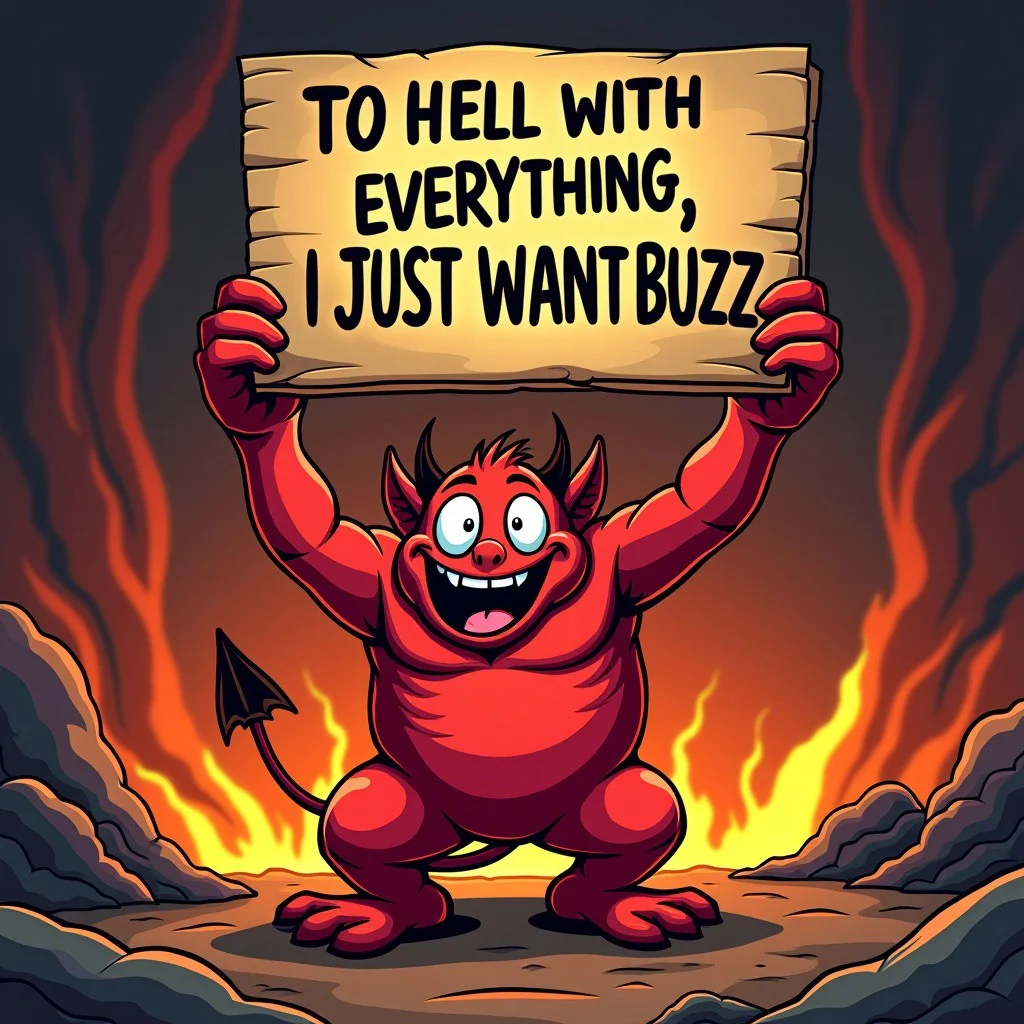 A cartoon illustration of a red-skinned devil holding up a sign with "TO HELL WITH EVERYTHING. I JUST WANT BUZZ" written on it in black letters. Hell background, lava, cave.