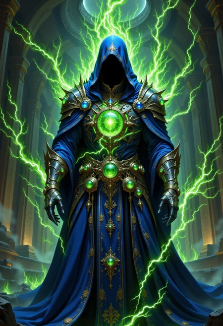 A powerful arcane sorcerer stands in an ancient, mystical hall, wearing an intricate royal blue robe adorned with glowing golden runes and ornate embroidery. The sorcerer's hood is deep and shadowed, obscuring their face, creating an aura of mystery and power. Their armor is crafted from dark metal with elaborate, spiked pauldrons, decorated with shimmering emerald and sapphire gemstones pulsating with magical energy. A large, radiant green crystal embedded in the chest plate glows with raw arcane power, with streaks of ethereal lightning crackling around the figure. The sorcerer's metallic gauntlets extend forward, as if channeling immense magical forces. The environment is a grand stone temple with towering pillars, shrouded in an ambient mystical mist. The air is charged with energy, and magical symbols softly shimmer across the fabric of the robe, exuding an aura of forgotten eldritch knowledge. The scene is illuminated by an eerie, celestial glow, casting dramatic shadows across the ground. The art style is hyper-realistic fantasy with a dark and mystical atmosphere, inspired by epic fantasy RPG character design.