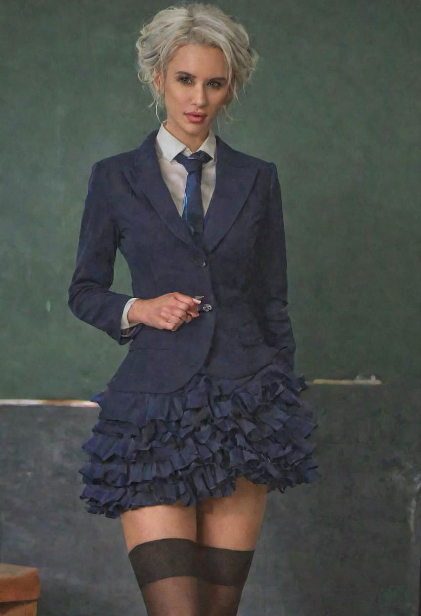1girl, solo, (Masterpiece, hyperrealism) teacher, realistic skin, (looking at camera, classroom, formal attire, standing pose, wearing buttoned blouse:1.2, wearing dark blue blazer:1.2, wearing frilly skirt above the knee, wearing black stockings, young figure), fit body, ((curled hair, short hair, green hair)), highly detailed background, ultra high resolution, 4k uhd