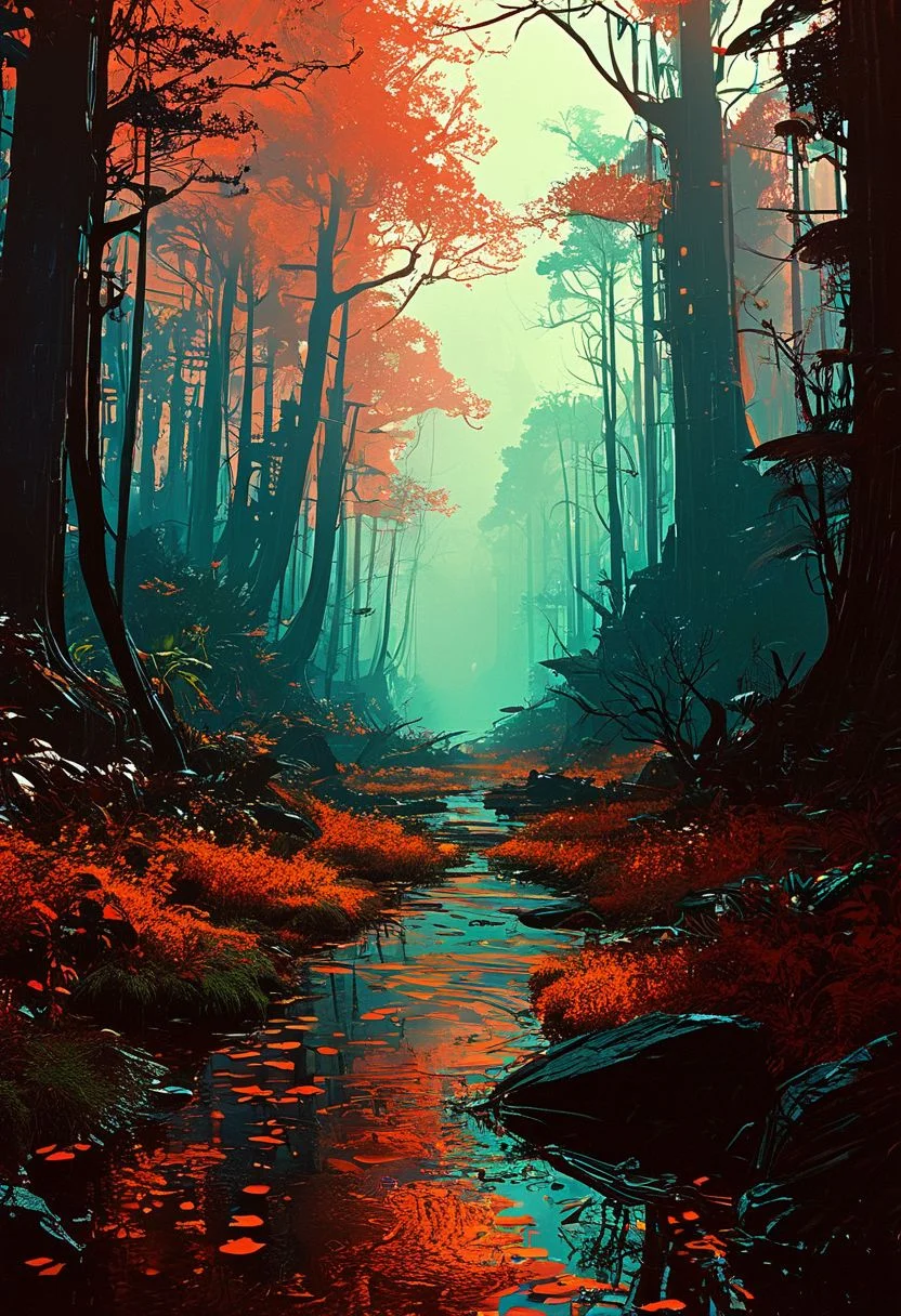An otherworldly forest with trees made of light and shadows, the ground pulsating with vivid, ever-changing hues, embodying a dream within a dream, 
in the style of the eerie ambiance of Ridley Scott's 'Alien' with 80s sci-fi nostalgia. Blend dreamlike, claustrophobic spaces, grimdark Warhammer 40K magic, and campy yet sinister tones. Envision a surreal, dystopian world where arcane forces meet retro-futuristic sci-fi, creating a uniquely haunting tableau
, in the style of an old 80's VHS dark fantasy, VHS screen grab, grainy, old footage