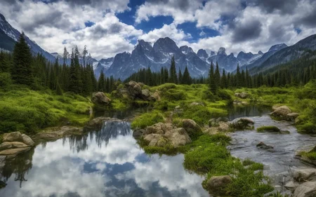 detailed background, masterpiece, best quality, scenery, mountains, river, forest, sun, day, clouds