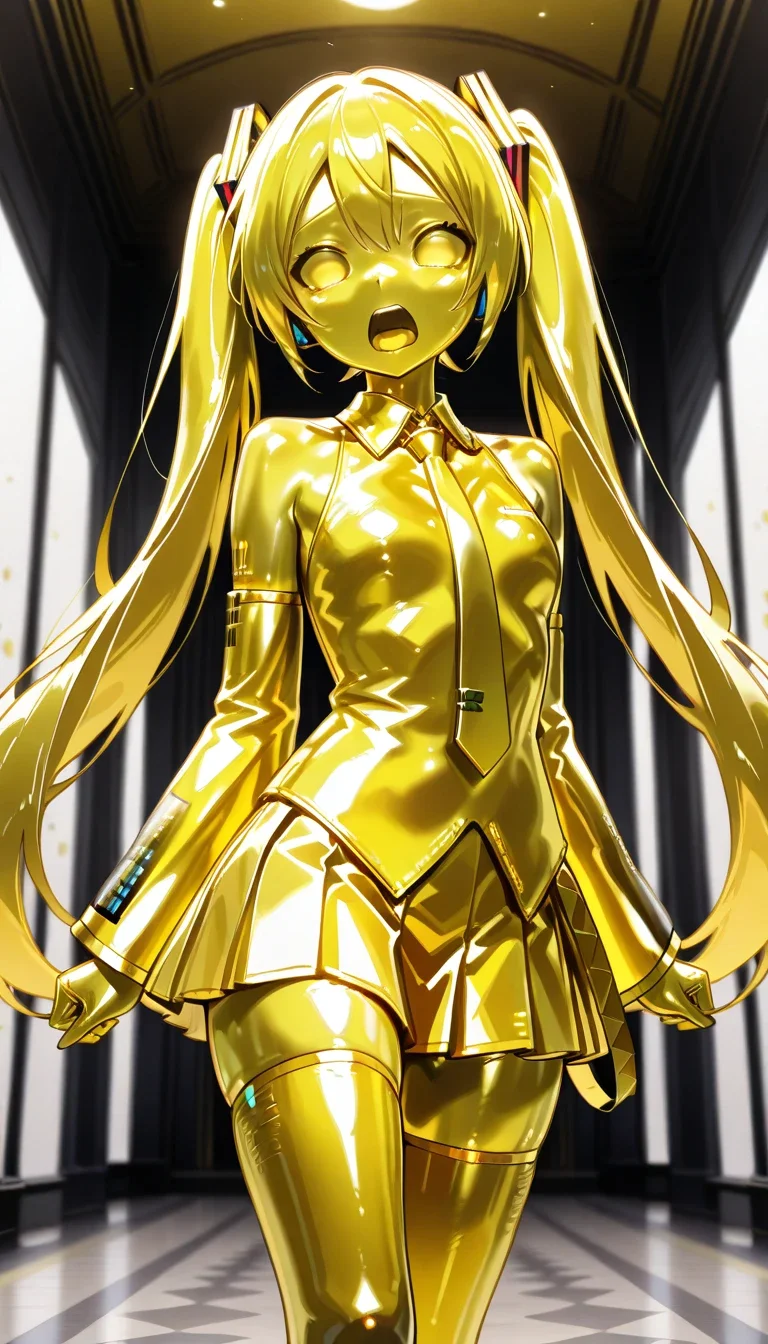masterpiece, best quality, newest, absurdres, yellow eyes, yellow hair, yellow sclera, yellow tongue, no pupils, yellow skin, shiny skin, metal skin, 1girl, solo, Hatsune Miku, collared shirt, yellow necktie, yellow detached sleeves, yellow skirt, yellow thighhighs, cowboy shot, standing, dynamic, looking at viewer, scared, screaming, indoors, museum