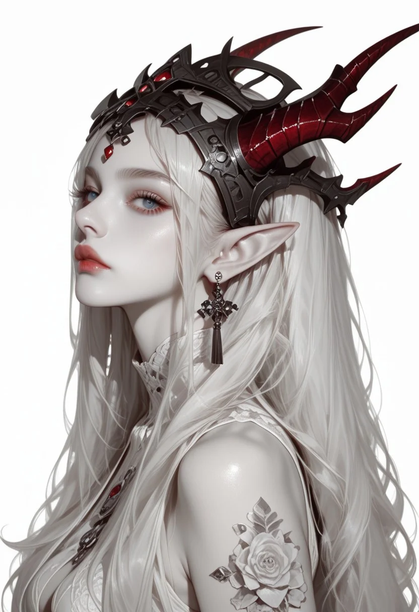 Expressiveh, morimee_style, jsyu_style, 2025. 05,
(1girl, solo), masterpiece, best quality, newest, highres, absurdres, focused subject, no lineart, no outline, detailed, spot color, red horn, long hair, looking at viewer, blue eyes, simple background, white background, closed mouth, jewelry, bare shoulders, upper body, white hair, earrings, horns, pointy ears, colored skin, arms at sides, headpiece, scales, castle, monochrome, negative space, blending, white theme, minimalism, from side